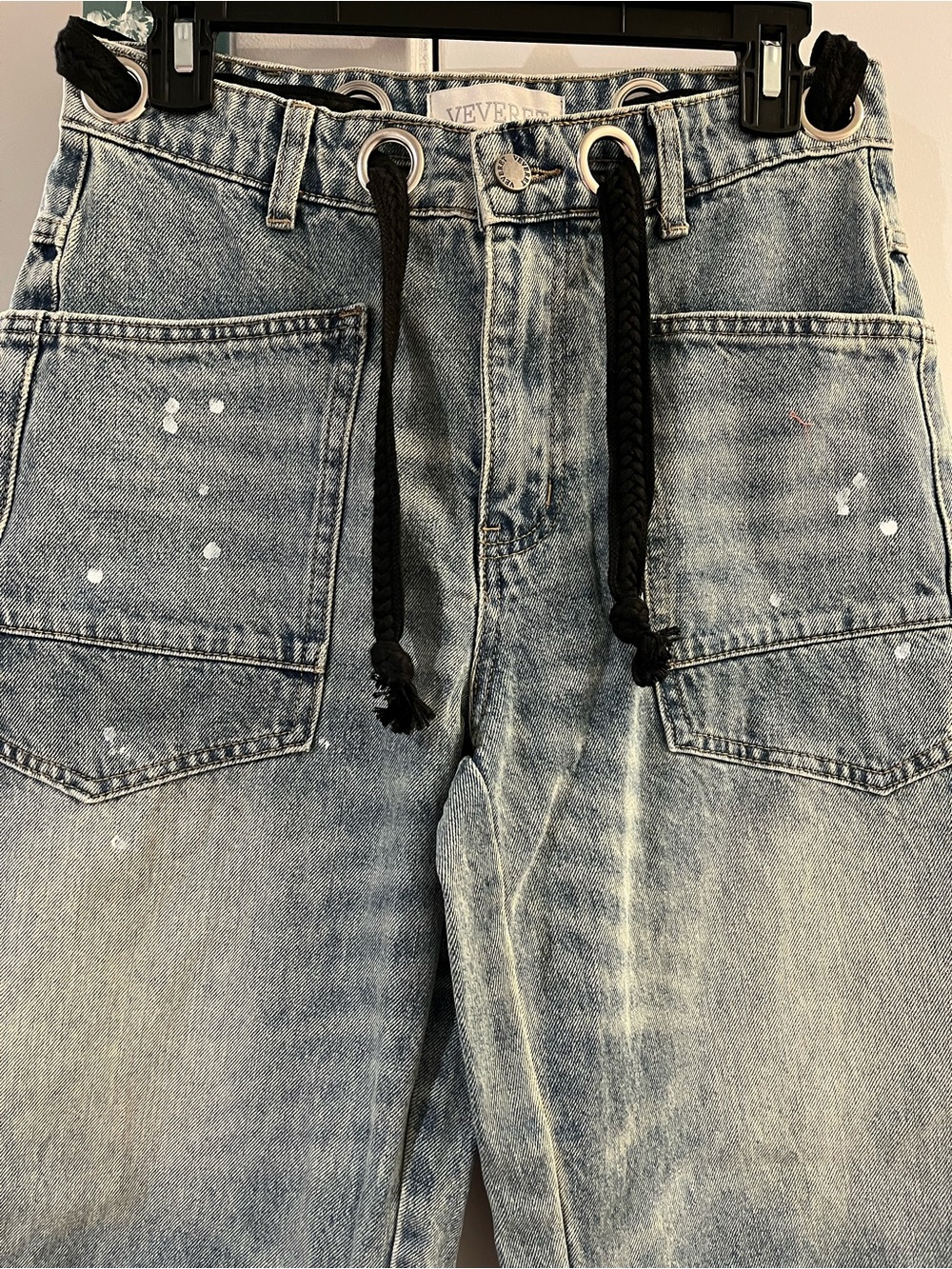 Light Wash Denim Barrel Jeans with Black Drawstring